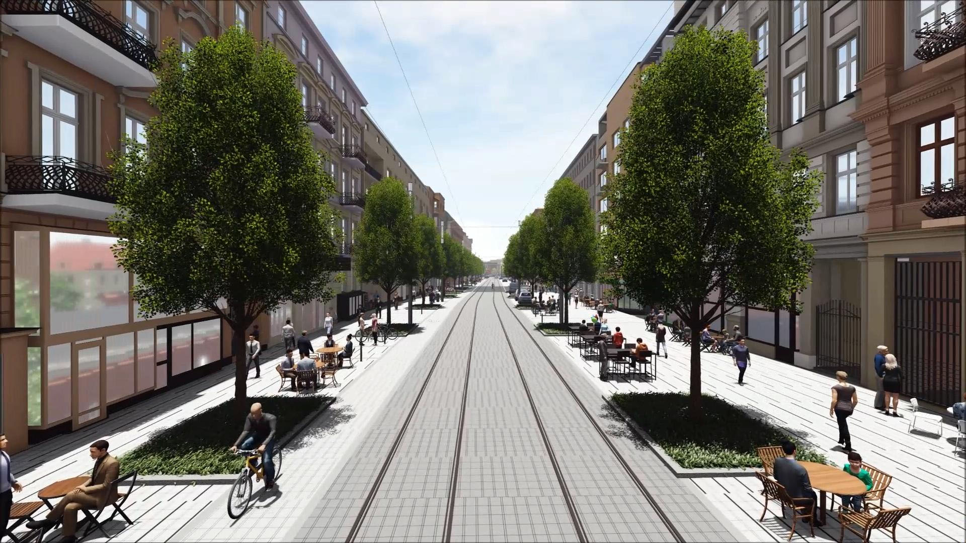 Wizualizacja Wizualizacja: na środku tory tramwajowe, po obu stronach ciągi rowerowo-piesze, ławki, drzewa.