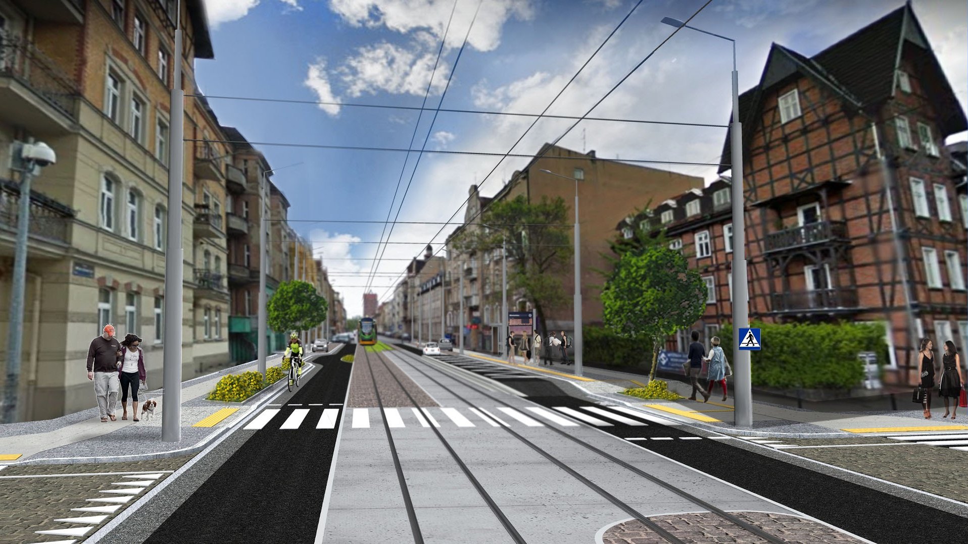 Wizualizacja, ul. Wierzbięcie. Na srodku tory tramwajowe, po bokach po jednym pasie ruchu dla samochodów i droga rowerowa. Na chodnikach piesi.