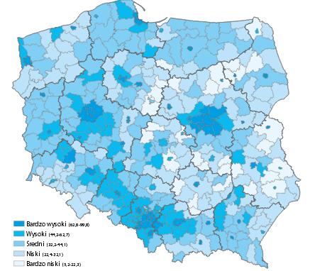 Mapa rozwoju regionalnego Polski (źródło: Krajowy Raport o Rozwoju Społecznym. Polska 2012)