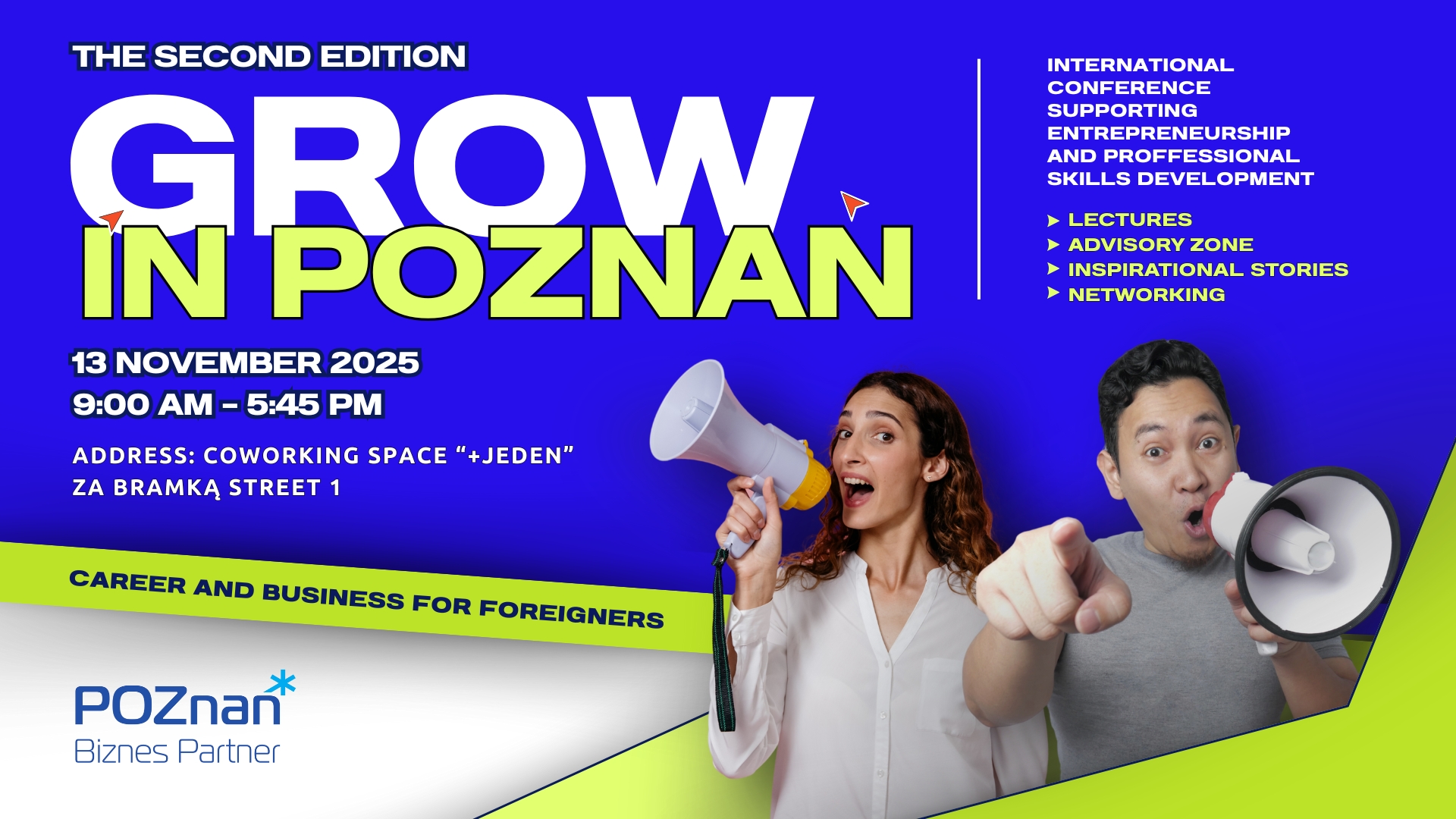 a blue-green graphic inviting to the event. Grow in Poznan, November 13 2025, 9:00-17:45, Za Bramką 1