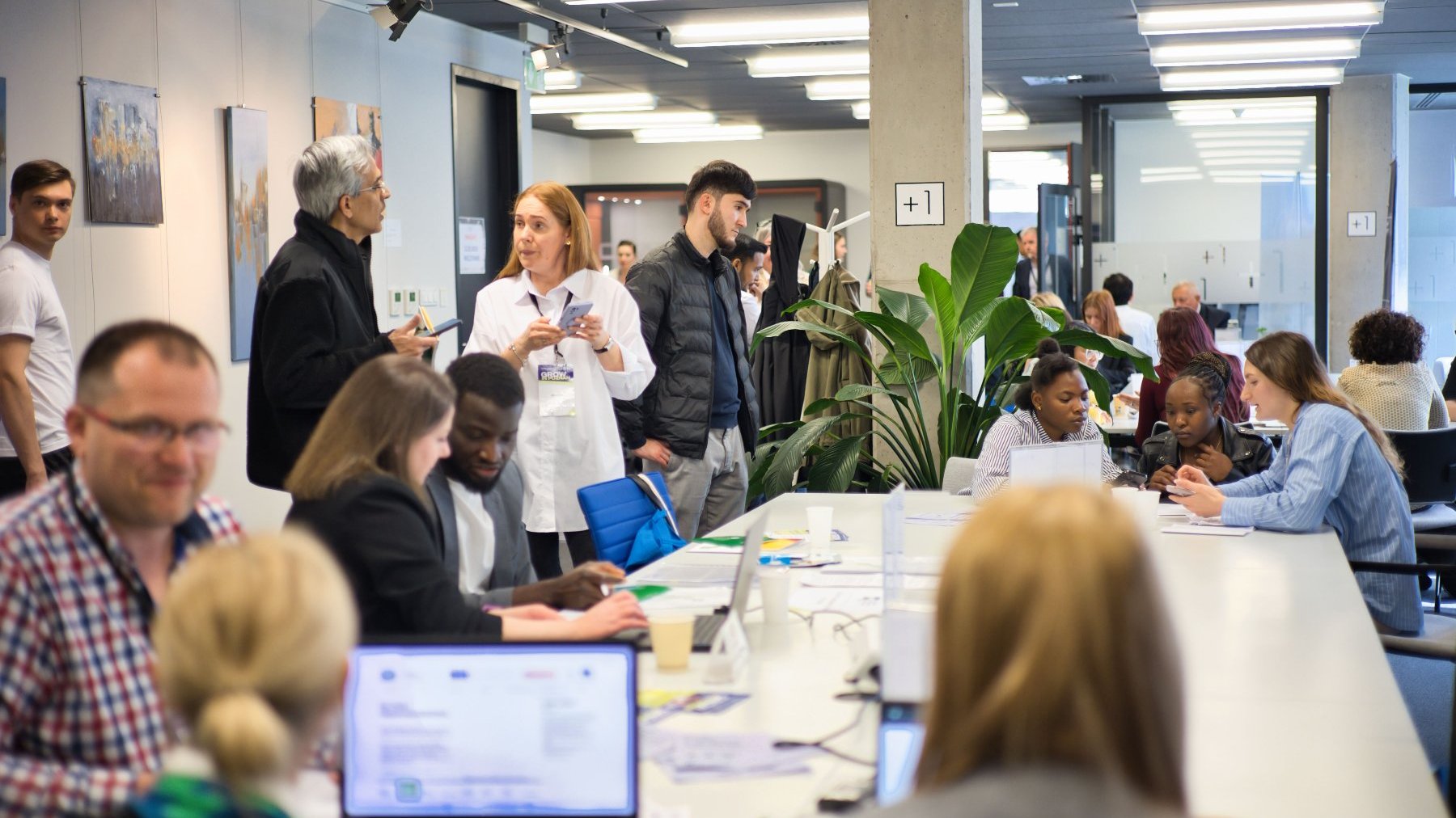 A room filled with people seeking business advice in Poland. The advisory zone is taking place at Plus Jeden.