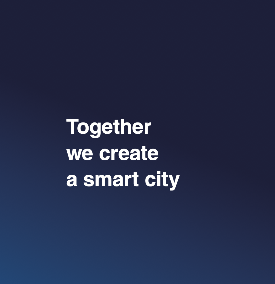 It reads "Together we create a smart city", white letters, navy blue background.
