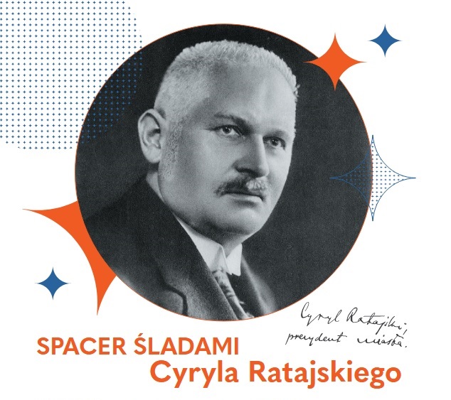 Czarno-białe zdjęcie Cyryla Ratajskiego w kółku, pod zdjęciem tytuł wydarzenia.