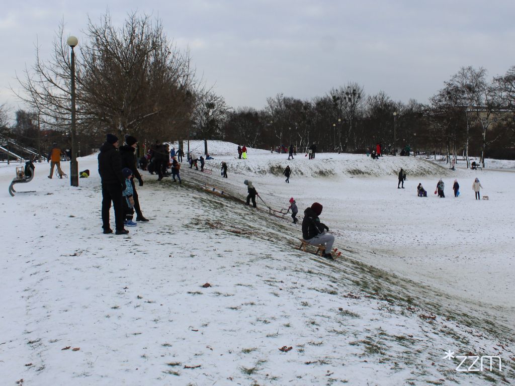 Dzieci zjeżdżające na sankach w Parku Kasprowicza