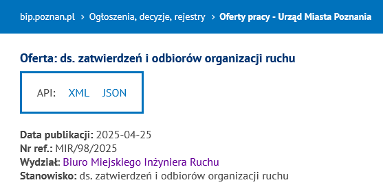 Oferta pracy Fragment strony internetowej BIP z ogłoszeniem