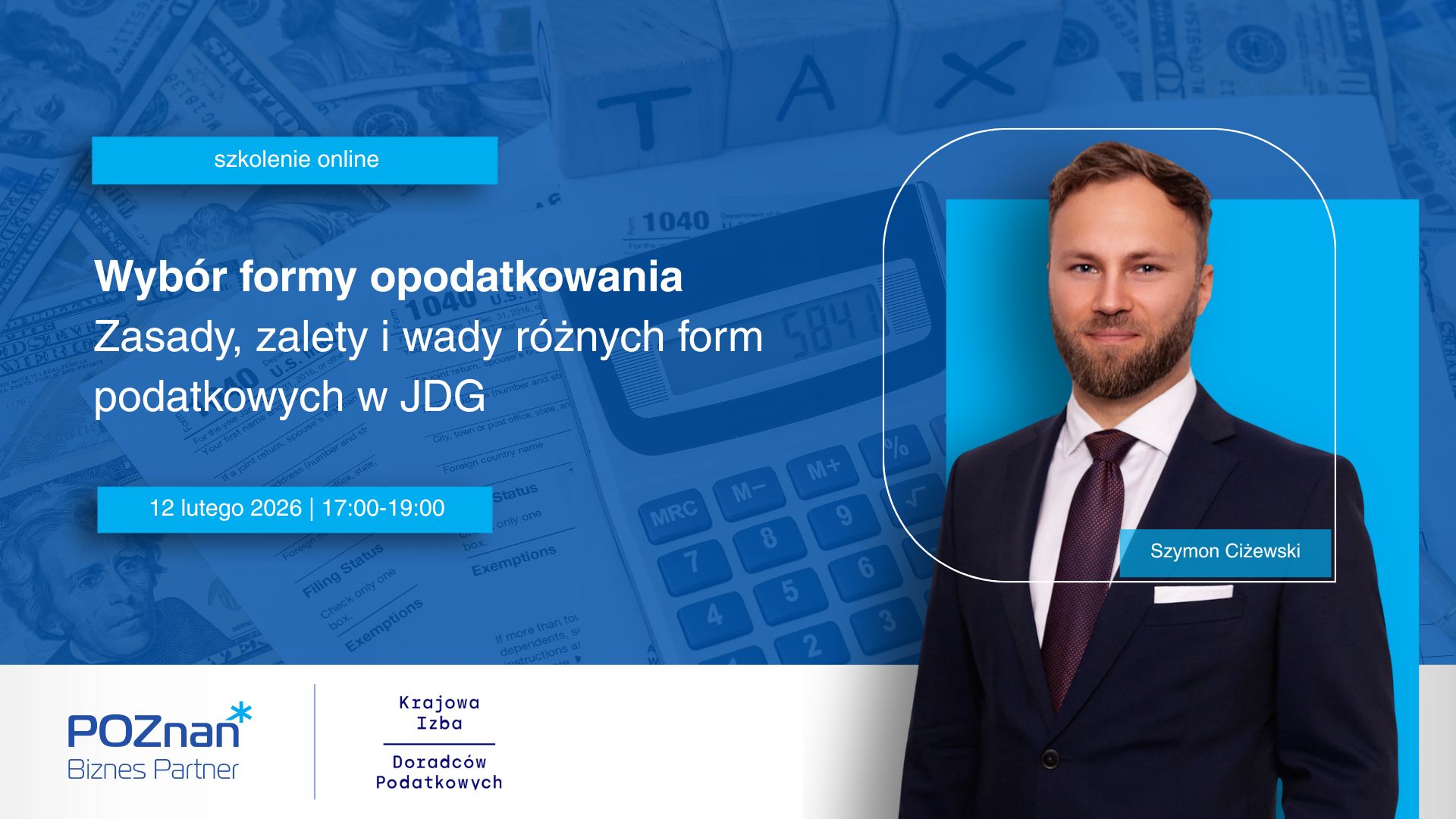 Grafika promocyjna szkolenia. W tle kalkulator i napis TAX
