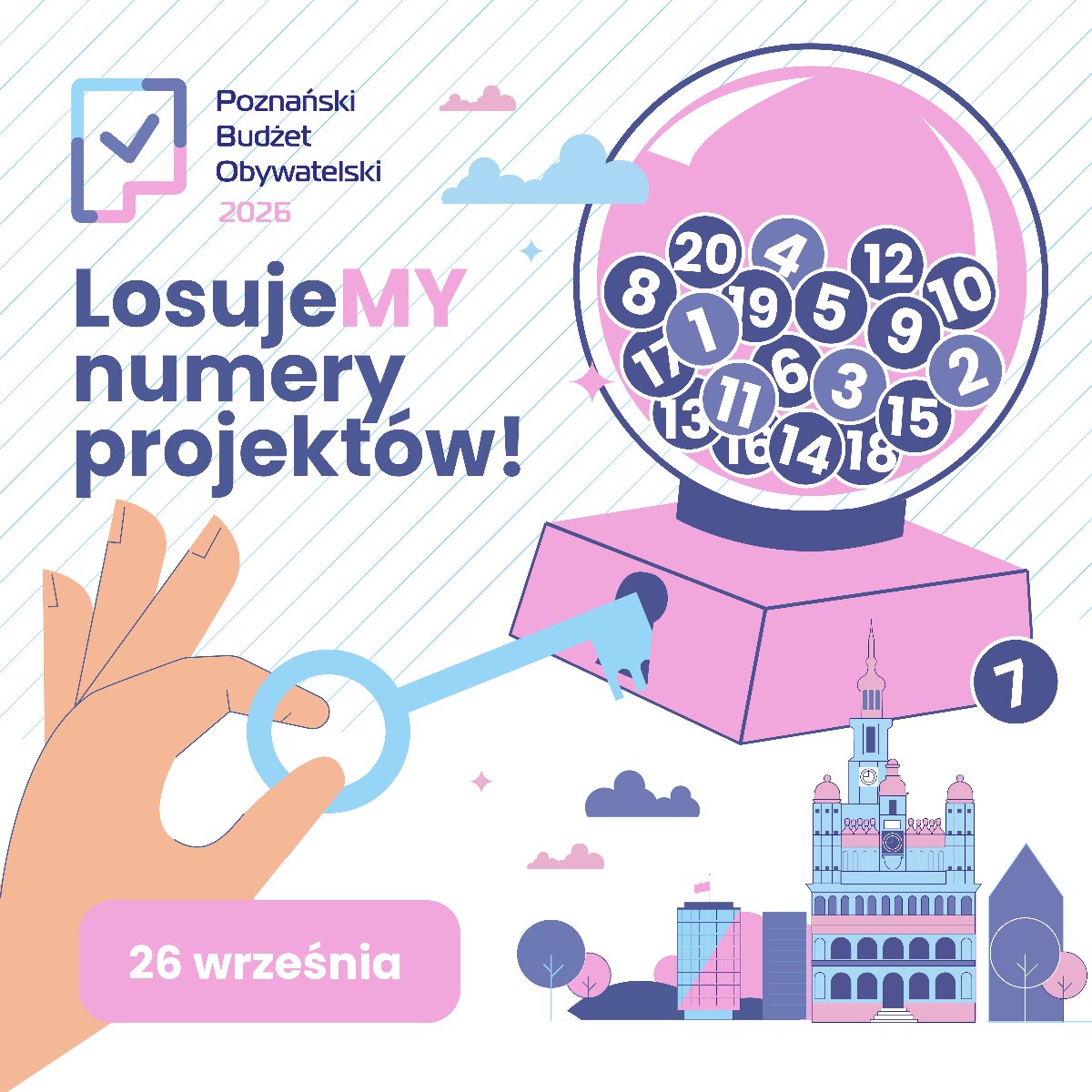 Grafika przedstawia dłoń trzymającą klucz, skierowany do zamka maszyny losującej numery, nawiązując do widocznego na ilustracji hasła "LosujeMY numery projektów!". W tle widoczne są charakterystyczne budynki Poznania oraz pastelowe elementy graficzne. W lewym górnym rogu umieszczono logotyp Poznańskiego Budżetu Obywatelskiego 2026. Losowanie numerów projektów odbędzie się 26 września.