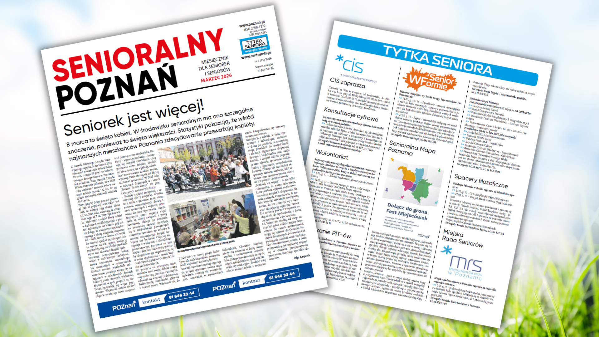 Grafika przedstawia pierwszą stronę gazety senioralny poznań oraz stronę z tytką seniora na marzec 2026 na tle nieba i zielonej trawy w pastelowych barwach