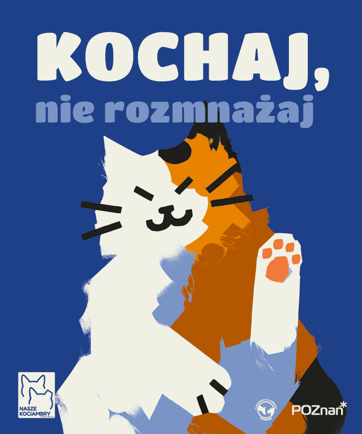 Kastracja kotów przyczynia się do ograniczenia zjawiska bezdomności zwierząt Grafika przedstawiająca biało-rudego kota na niebieskim tle