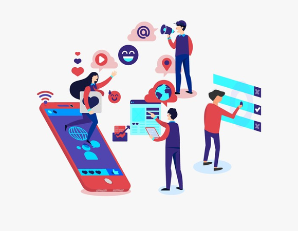 Grafika przedstawiająca grupę osób zajątych przetwarzaniem danych: w telefonie komórkowym, na tablicy, tablecie, przez megafon.