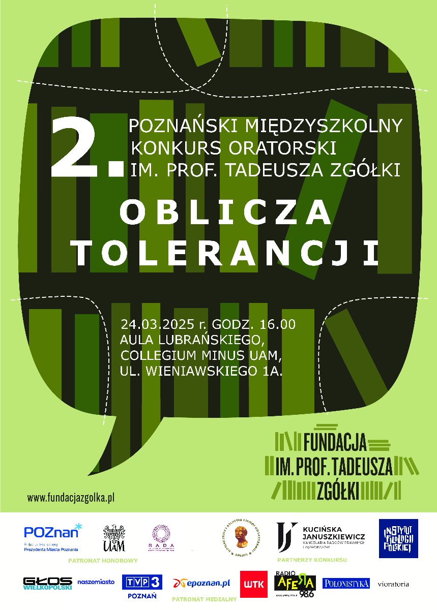 Oblicza Tolerancji - plakat konkursu oratorskiego Grafika przestawia plakat na temat konkursu oratorskiego pod nazwą: Oblicza Tolerancji