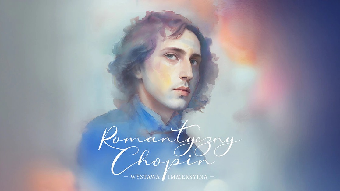 Grafika przypominająca obraz malowany akwarelami przedstawiający wizerunek Fryderyka Chopina, przycięty na kształt popiersia.