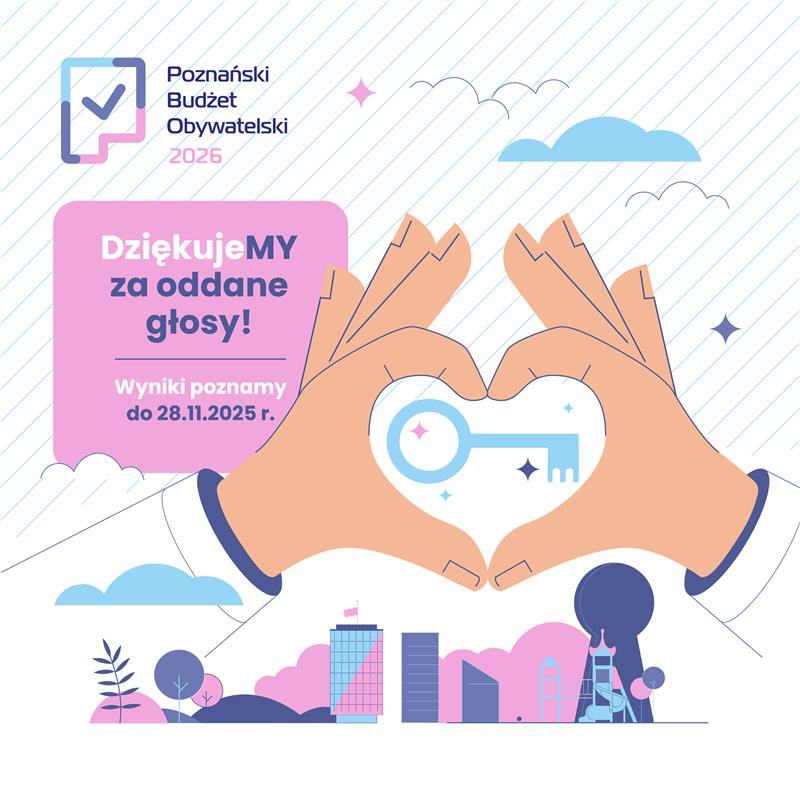 Hasło: "DziękujeMY za oddane głosy! Wyniki poznamy do 28.11.2025 roku". Na grafice ręce układają się w serce, które otaczają klucz. W tle widoczna jest dziurka od klucza i infrastruktura Poznania. W lewym, górnym rogu umieszczono logotyp Poznańskiego Budżetu Obywatelskiego.