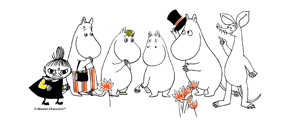 Ilustracja przedstawia postacie ze świata Muminków stojące w rzędzie wśród kwitnących kwiatów.