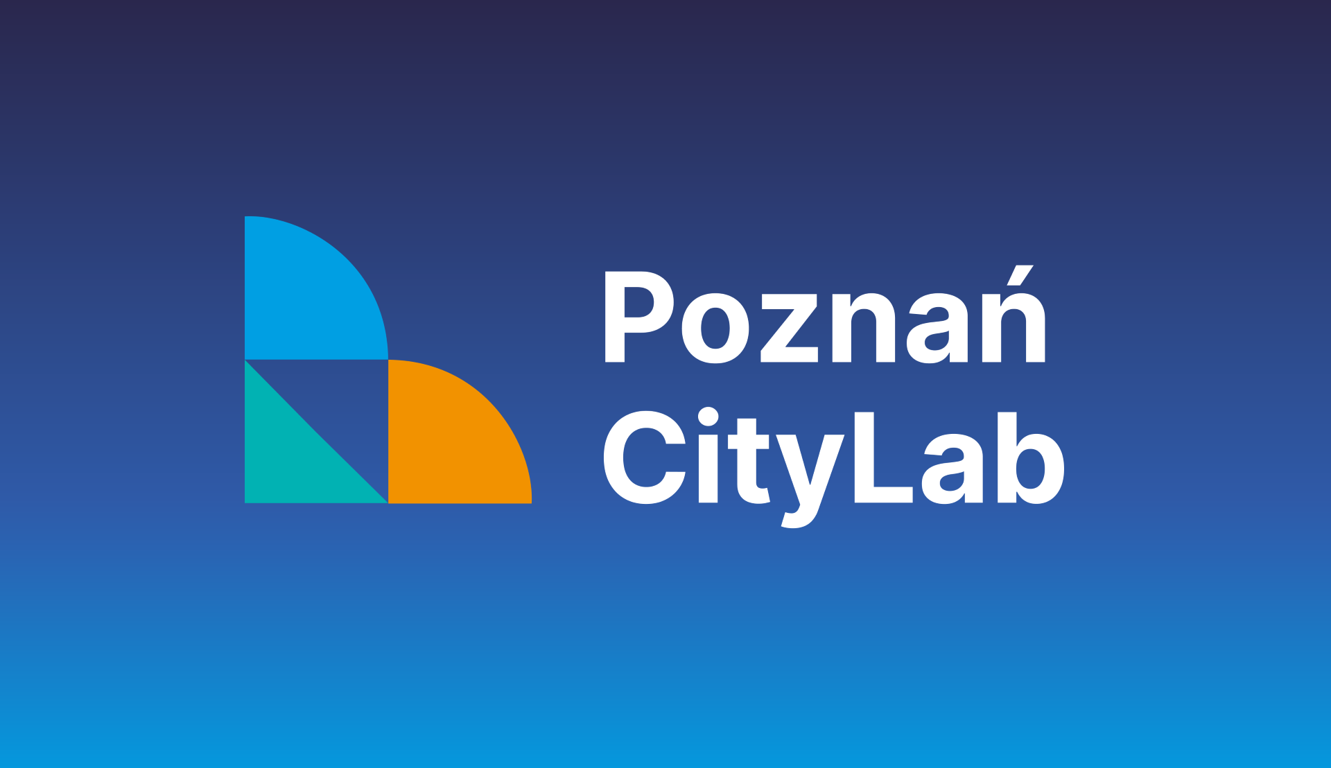 Obraz, na którym znajdują się trzy figury geometryczne oraz napis. Elementy stanowią logo Poznań CityLab, które znajduje się na gradietnowym tle.
