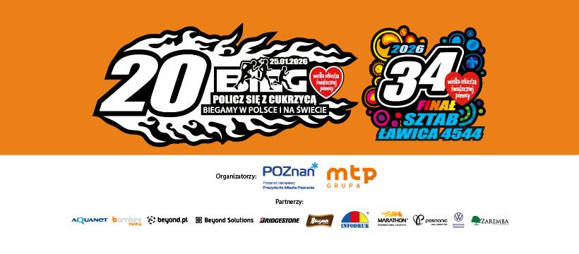 Logotyp Biegu "Policz się z cukrzycą" - na pomarańczowym tle biały logotyp biegu, a z prawej strony kolorowy logotyp całej akcji. Poniżej na białym tle logotypy organizatorów i partnerów