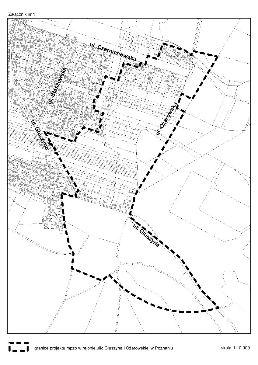 Mapa pokazująca kontury ulic, zaznaczone są budynki.