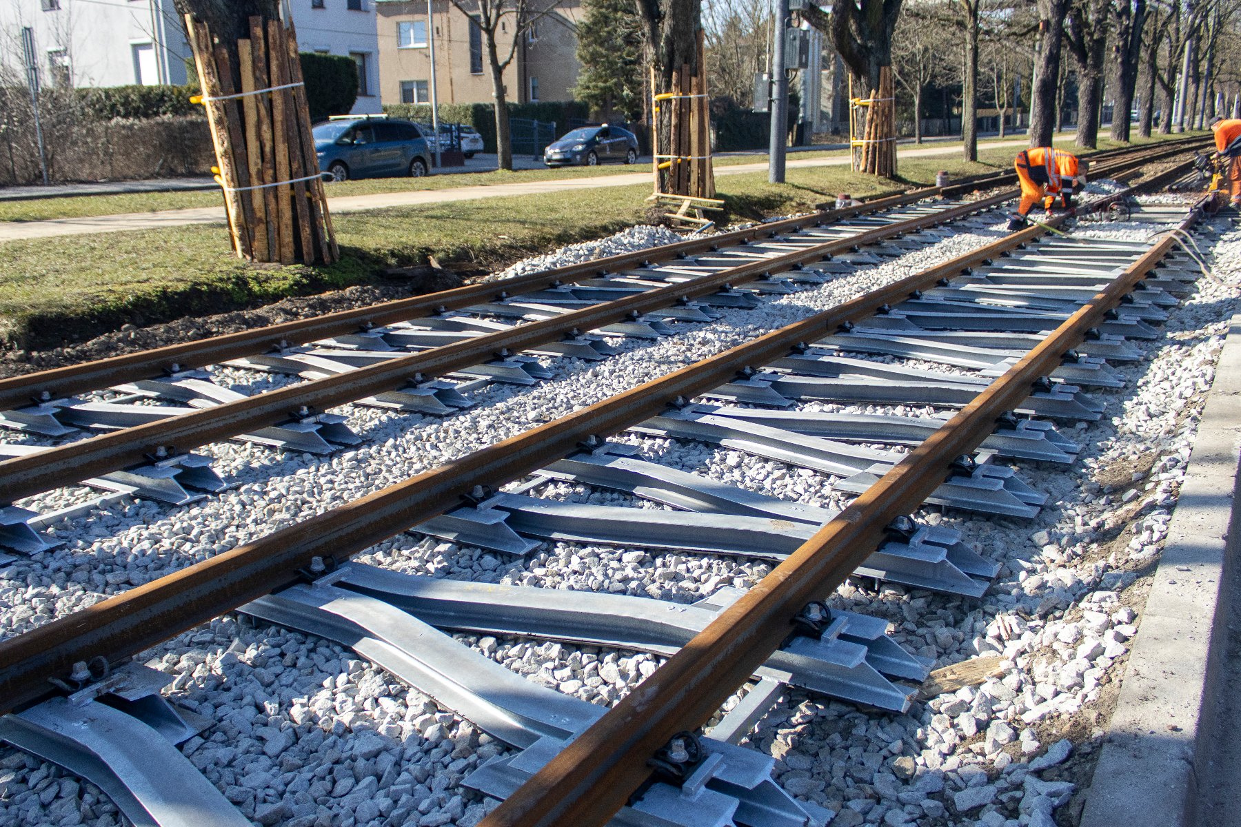 Trwa remont torowiska wzdłuż alei Wielkopolskiej, gdzie wymieniana jest nawierzchnia torowa na odcinku od ul. Pułaskiego do ul. Nad Wierzbakiem i odnawiane są przystanki Klin fot. MPK montaż nowych torów wzłuż al. Wielkopolskiej, w tle pas zieleni z zabezpieczonymi drzewami i chodnikiem