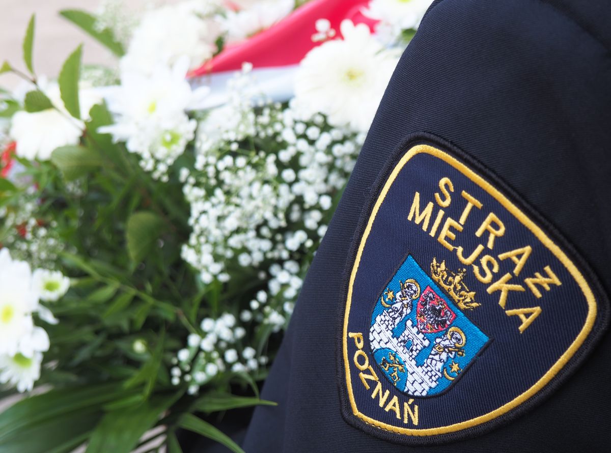 Na pierwszym planie emblemat naszyty na rękaw munduru strażnika miejskiego - jest to herb Miasta Poznania, na drugim planie kwiaty białoczerwone, które trzyma straznik