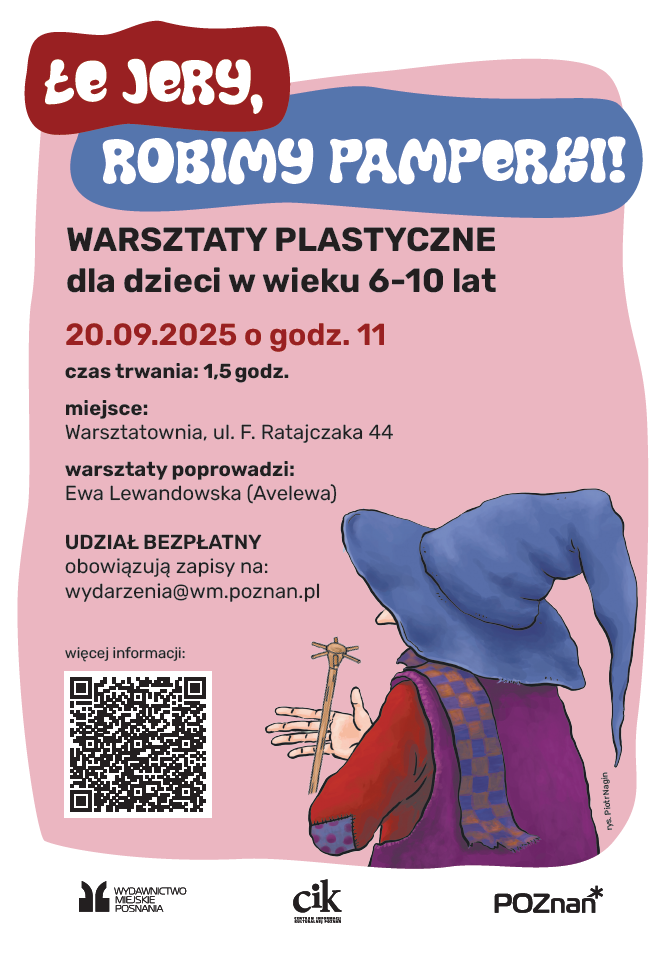 Na różowym tle informacje dotyczące wydarzenia, w dolnym prawym rogu narysowana kolorowa postać Baby Jagi stojącej tyłem, w ręce trzyma drewnianą mątewkę do mieszania.