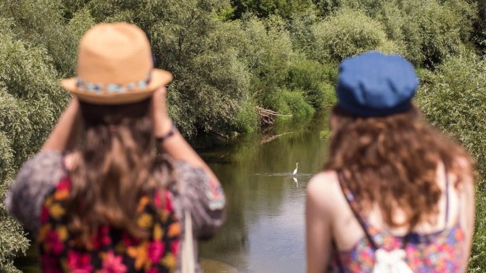 Na zdjęciu dwie dziewczynki ubrane w letnie sukienki i kapelusiki, siedzą tyłem do obiektywu. Przed nimi rzeczka z porośniętymi drzewami brzegami, pośrodku rzeki stoi ptak.