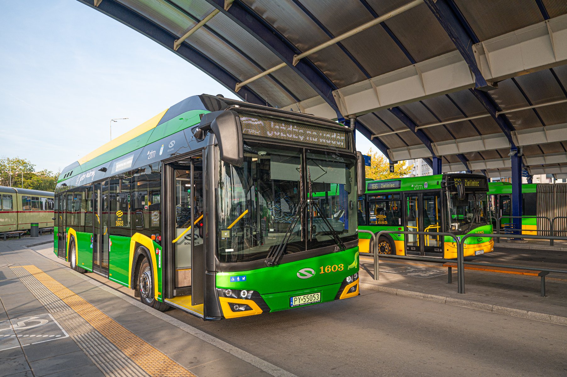 Wybory 2023 - darmowy transport do lokali wyborczych Na zdjęciu widać zielono-żółte autobusy MPK.