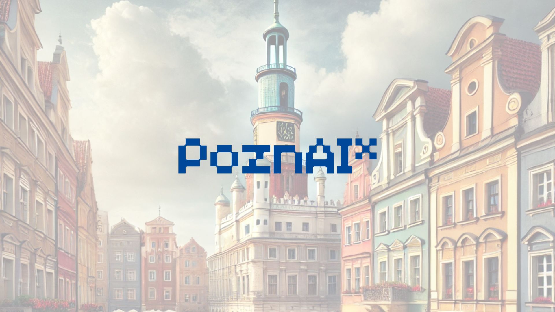 Poznańska konferencja poświęcona AI dla Miast 27.03.2025 r. Mercure Poznań, fot. generated by Dall-E, edited in Canva Obraz przedstawia ratusz i kamienice na starym rynku w Poznaniu oraz ciemno niebieskie logo PoznanAI