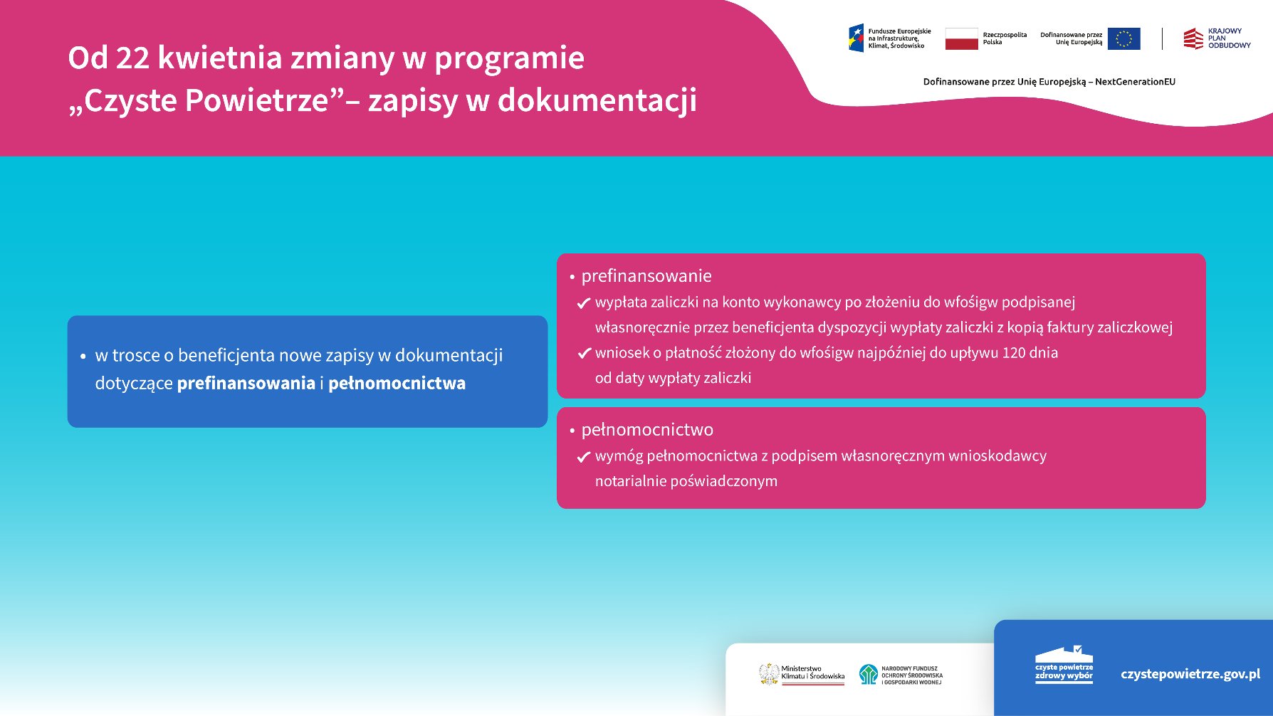 W prawym, górny rogu obok siebie widzimy logotypy: Funduszy Europejskich na Infrastrukturę, Klimat, Środowisko, Rzeczpospolitej Polskiej, Unii Europejskiej, Krajowego Planu Odbudowy
