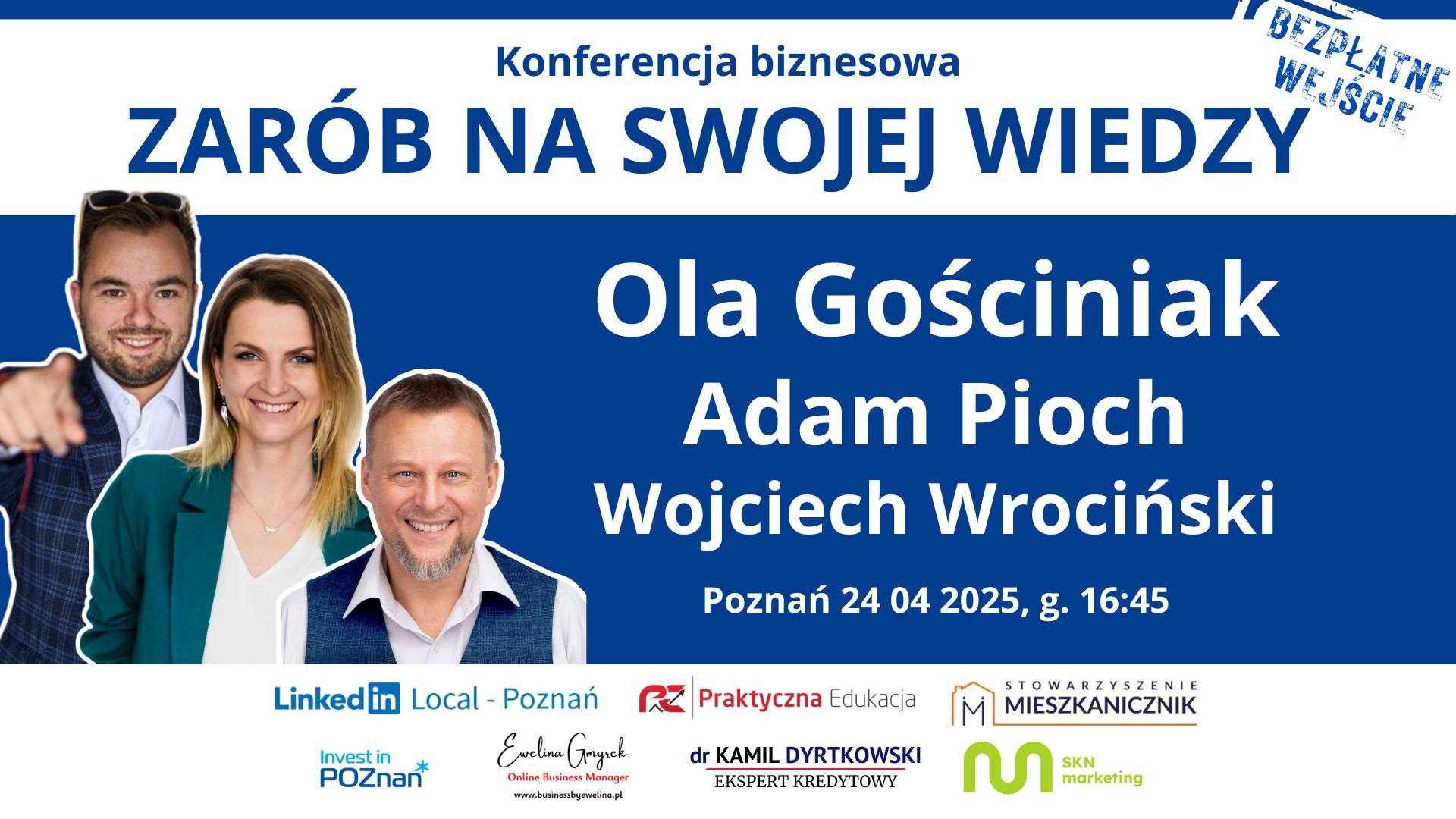 Grafika promocyjna konferencji Zarób na swojej wiedzy. Na obrazie prelegenci - dwóch mężczyzn i jedna kobieta. - grafika artykułu