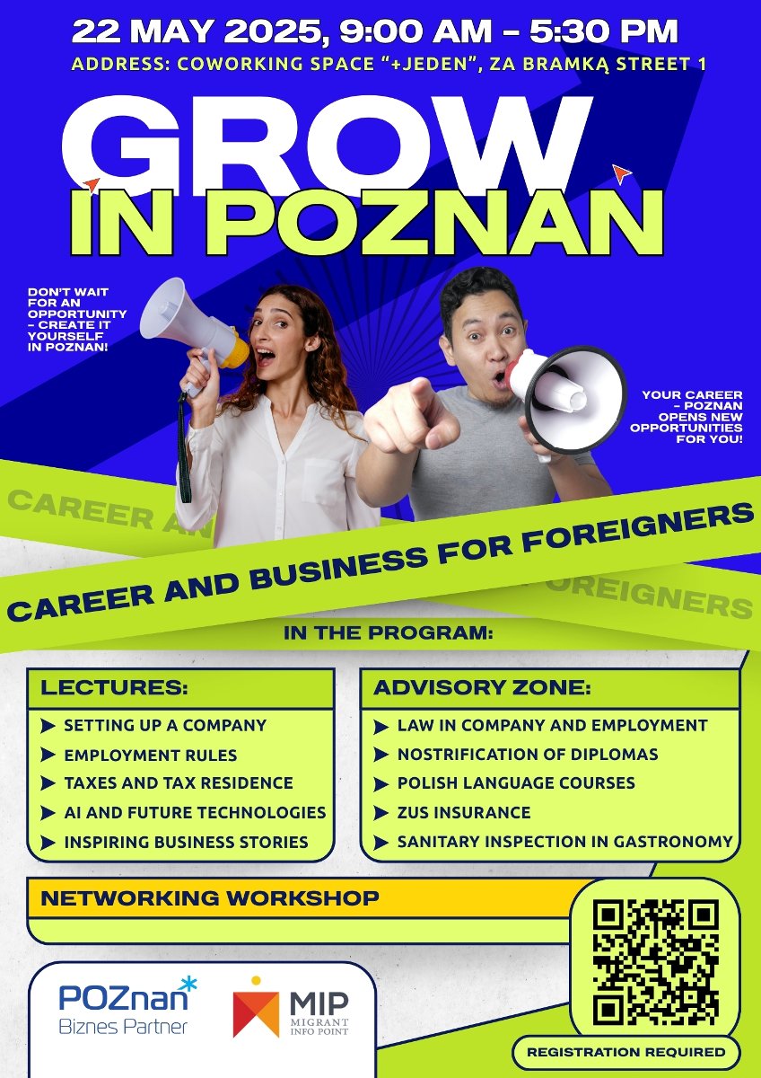 Plakat jest dynamiczny i nowoczesny, utrzymany w energetycznych kolorach - głównie niebieskim, limonkowym i żółtym. Układ graficzny jest przejrzysty, a wyraziste postacie z megafonami wywołują emocje entuzjazmu i motywacji. Estetyka zachęca do działania i tworzy przyjazną atmosferę otwartości i możliwości rozwoju. - grafika artykułu