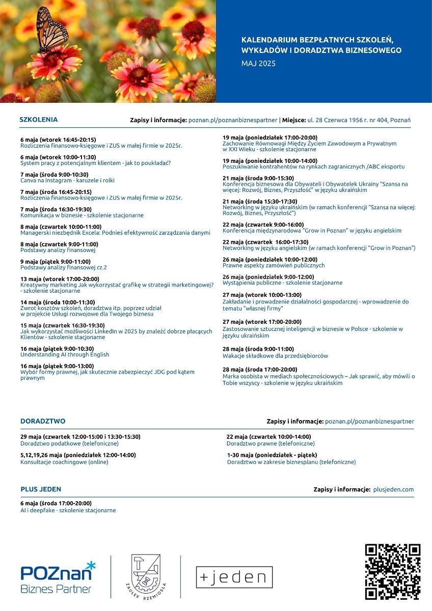 Grafika przedstawiająca wszystkie wydarzenia zaplanowane na maj. W lewym górnym rogu grafika z widniejącym motylem oraz kwiatami w kolorystyce pomarańczowo żółtej - grafika artykułu