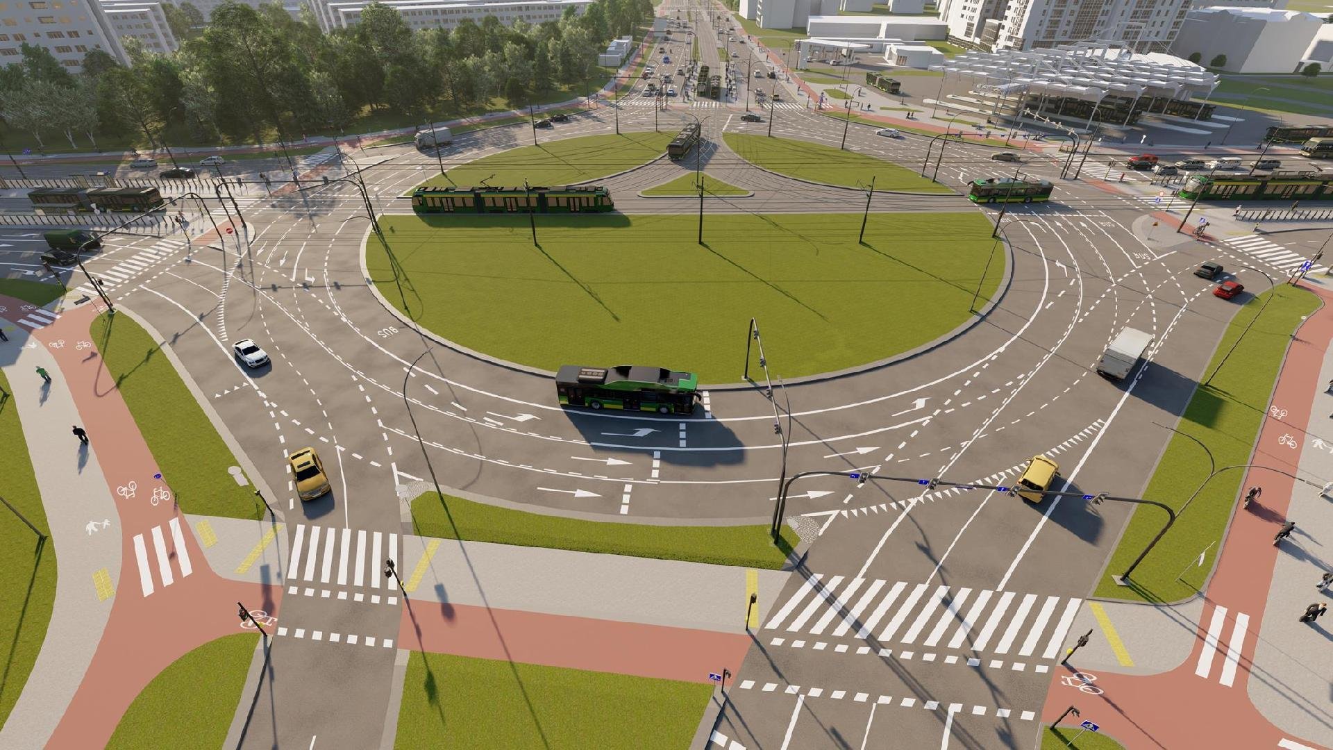 Zdjęcie przedstawia wizualizacje ronda Rataje po przebudowie. Obraz z góry