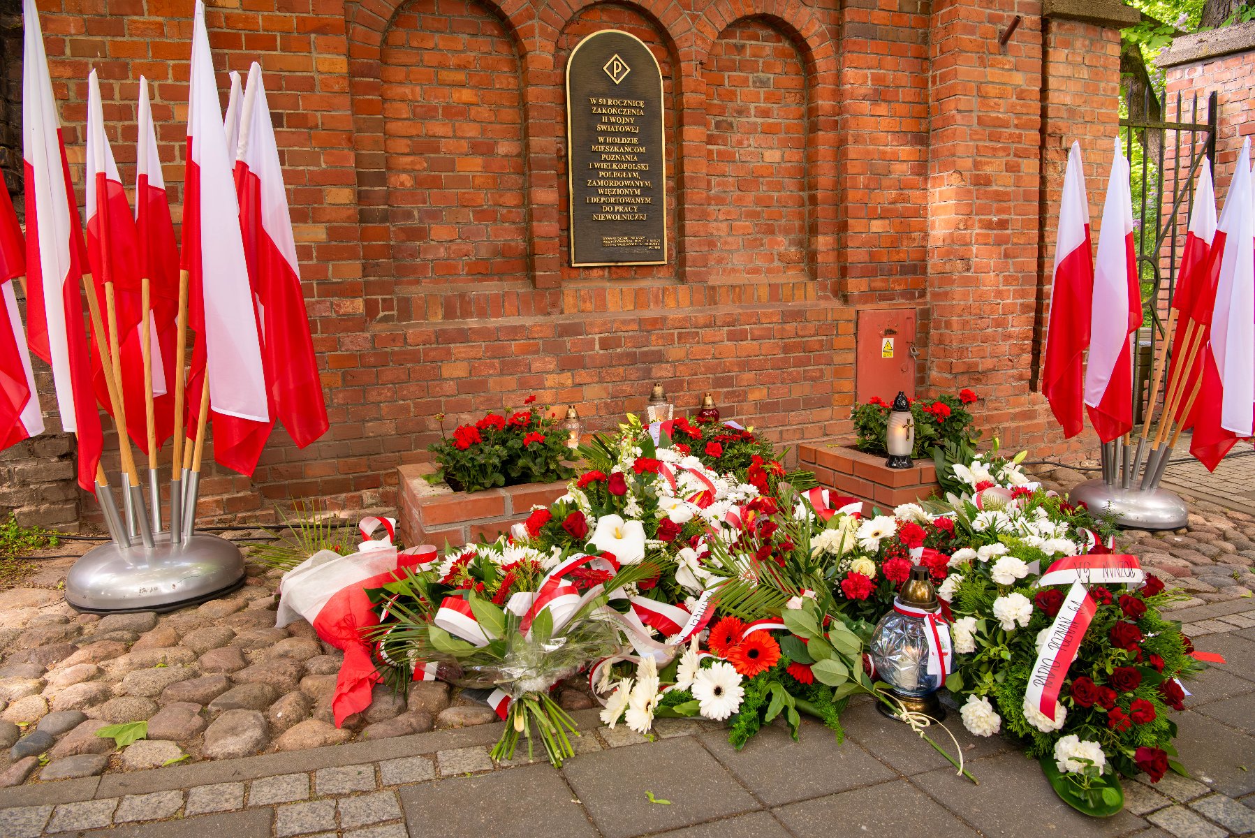 Miejsce pamięci z polskimi flagami oraz licznymi wiązankami kwiatów ułożonymi przed ceglaną ścianą. Na ścianie znajduje się tablica pamiątkowa z tekstem w języku polskim. - grafika artykułu