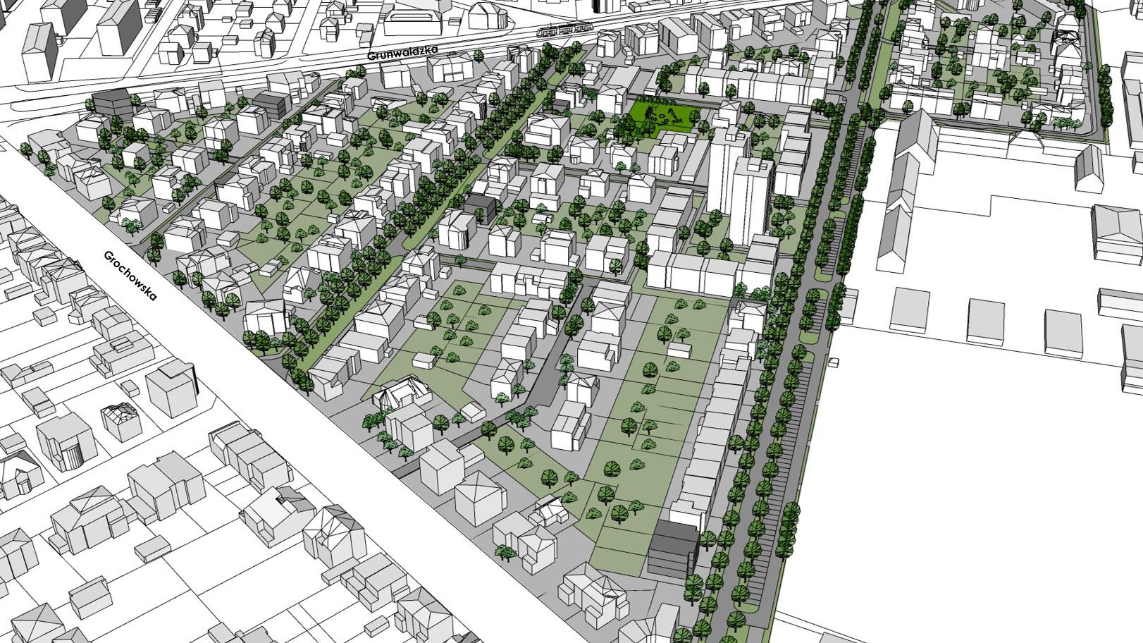 Szczegółowa trójwymiarowa wizualizacja urbanistyczna przedstawiająca obszar miejski z budynkami, drogami i terenami zielonymi. Budynki są uproszczone, ukazane w formie bloków, a ulice wyraźnie oznaczone.