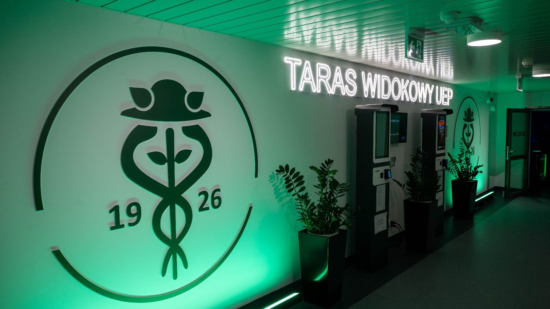 Zielony neonowy napis "TARAS WIDOKOWY UEP" na białej ścianie. Po lewej stronie duży, zielony emblemat z napisem "1926". Obok dwa doniczkowe rośliny.