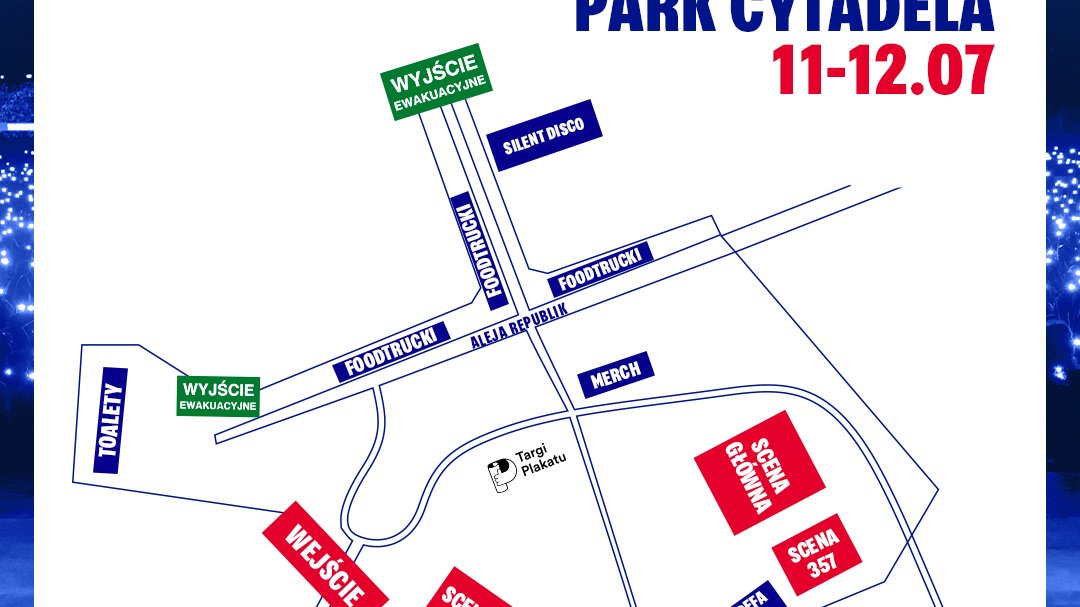 Mapa z naniesionymi scenami, wejściem oraz wyjściami ewakuacyjnymi