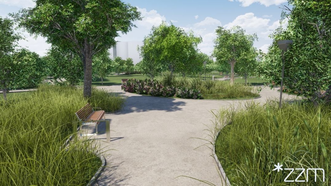 Wizualizacja parku w Poznaniu. Widoczne są dwie betonowe alejki, otoczone wysoką trawą i zielonymi krzewami. W tle drzewa i ławka. W prawym dolnym rogu białe logo "ZZM". - grafika artykułu