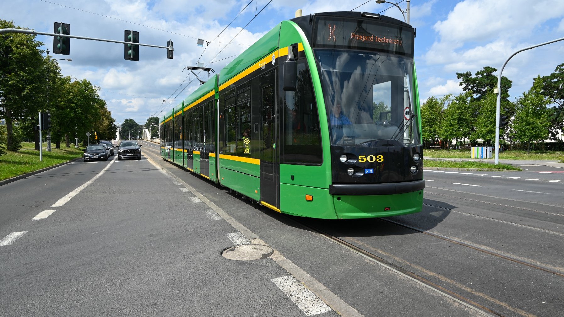 Przejazd techniczny tramwaju po trasie od mostu św. Rocha
