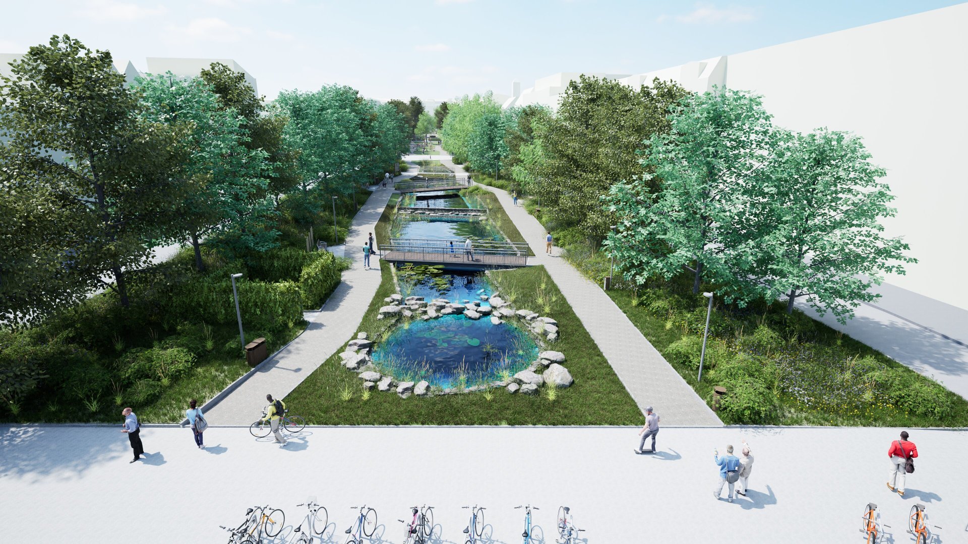 Wizualizacja: widać pas zieleni, w środku stawy, po bokach ścieżki i drzewa