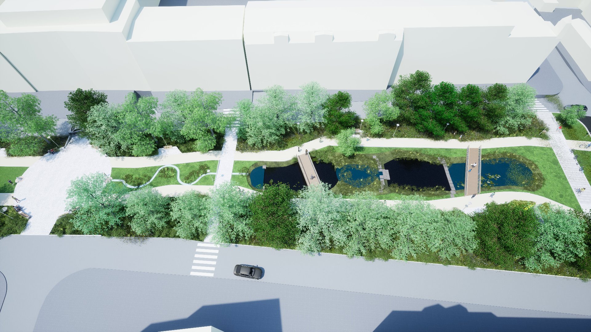 Wizualizacja: pas zieleni widziany z lotu ptaka, w środku stawy, ścieżki, drzewa