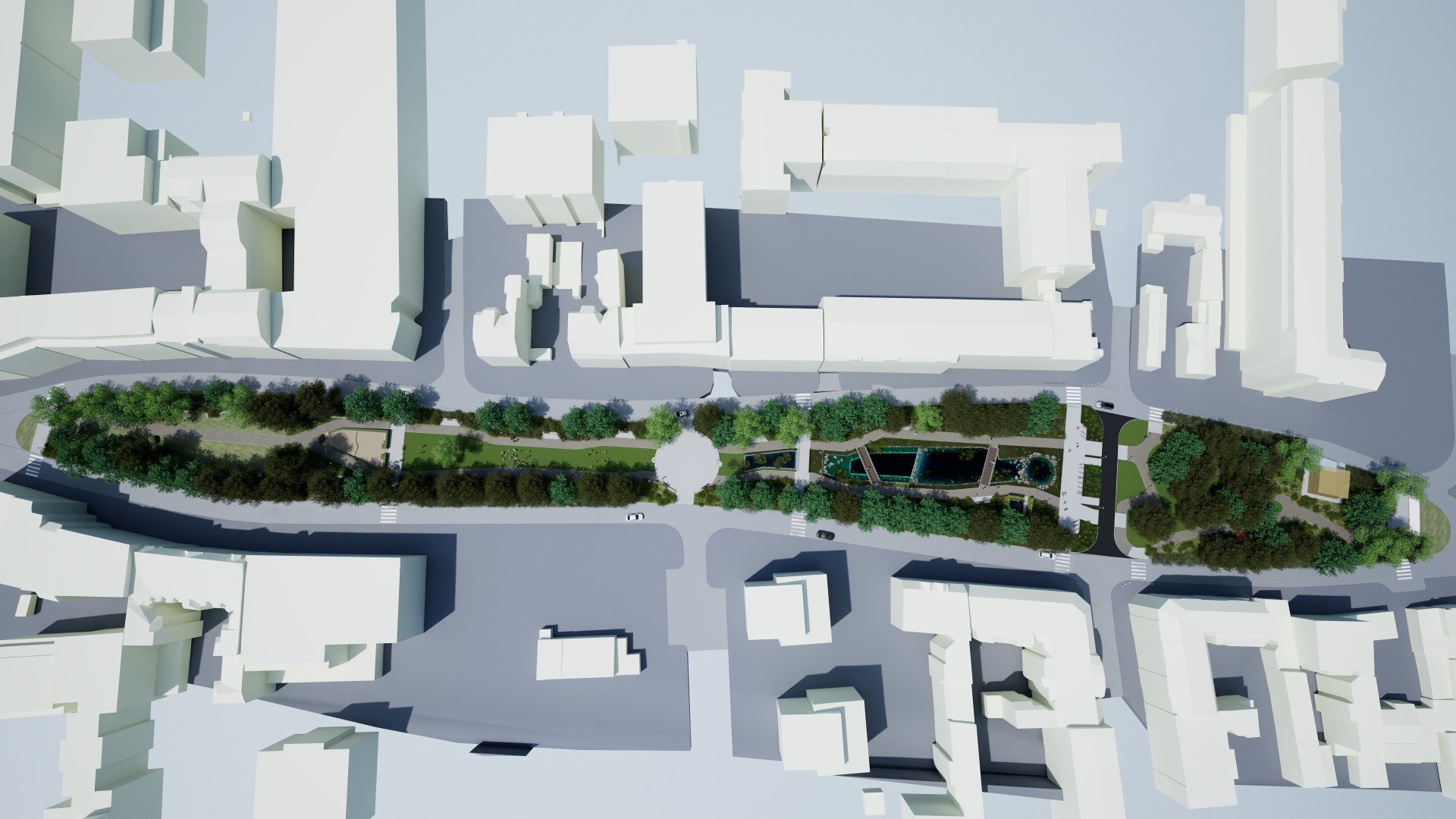 Wizualizacja: pas zieleni i otaczające go budynki, schematycznie zaznaczone, wszystko widziane z lotu ptaka