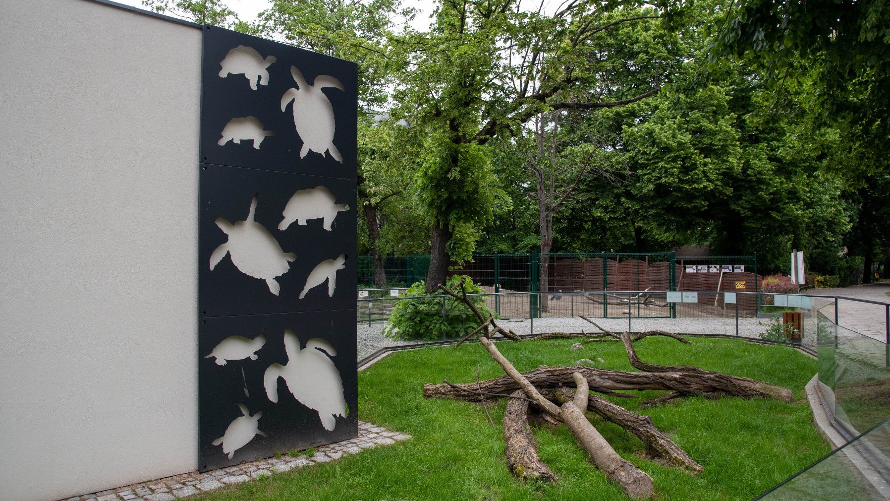 Zdjęcie przedstawia ogrodzony wybieg i budynek.