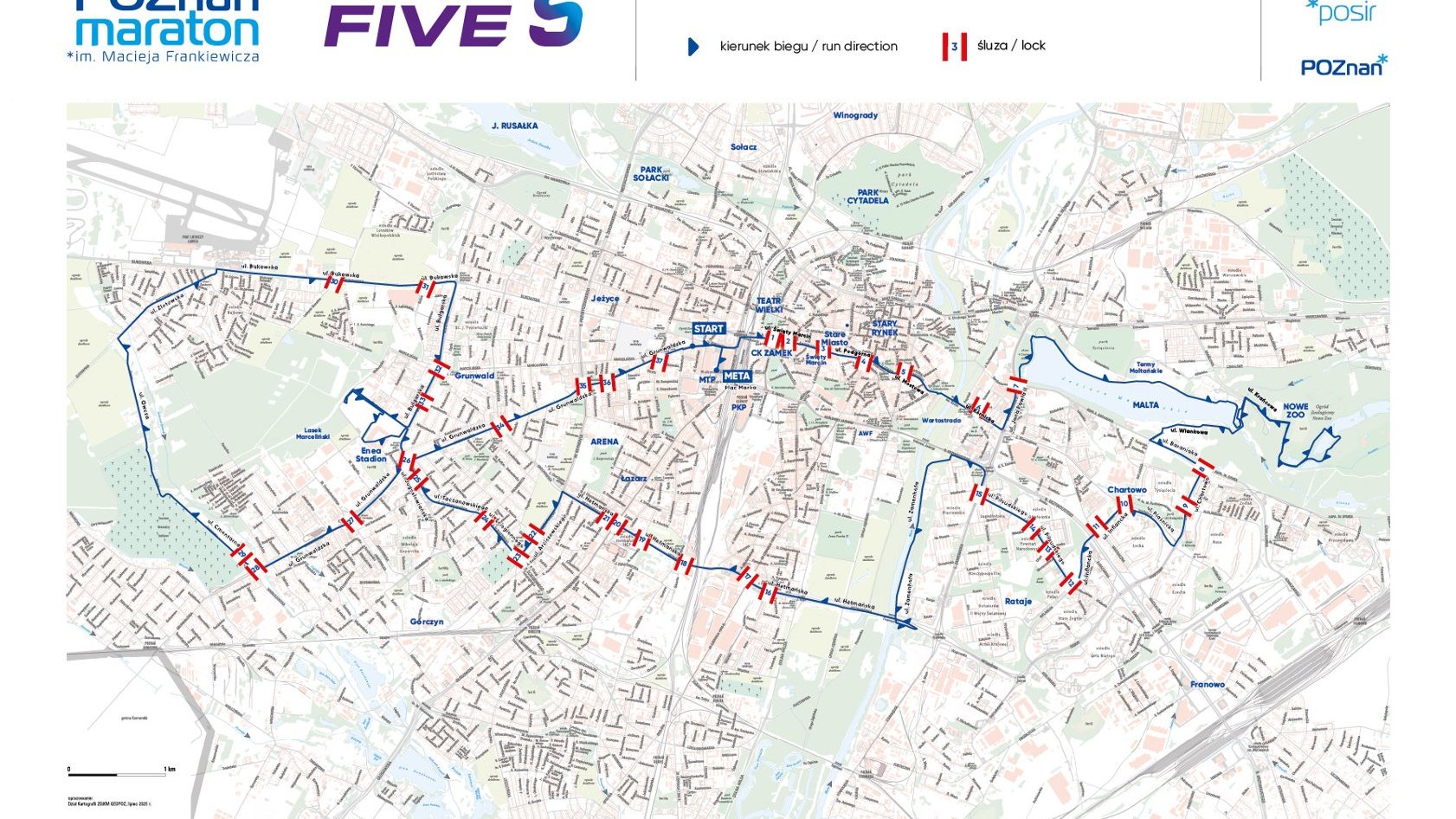 Mapa trasy maratonu z naniesionymi śluzami