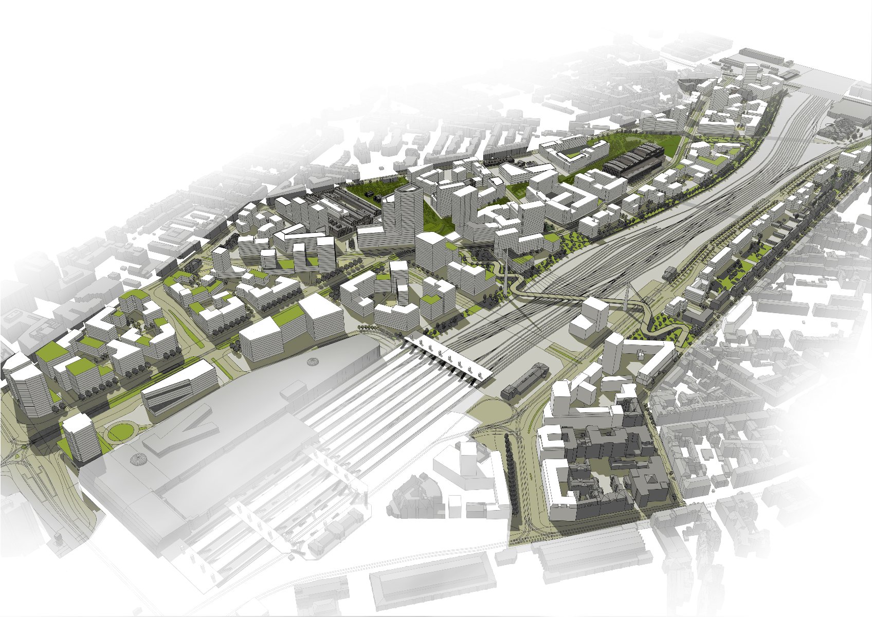 Model architektoniczny lub wizualizacja urbanistyczna dużej części miasta z lotu ptaka. Dominują nowoczesne, geometryczne bloki budynków w kolorach białym i szarym, z zielonymi dachami. W centralnej części widoczne tory kolejowe i duży, szary teren dworca, a także obszar planowanej zabudowy. - grafika artykułu
