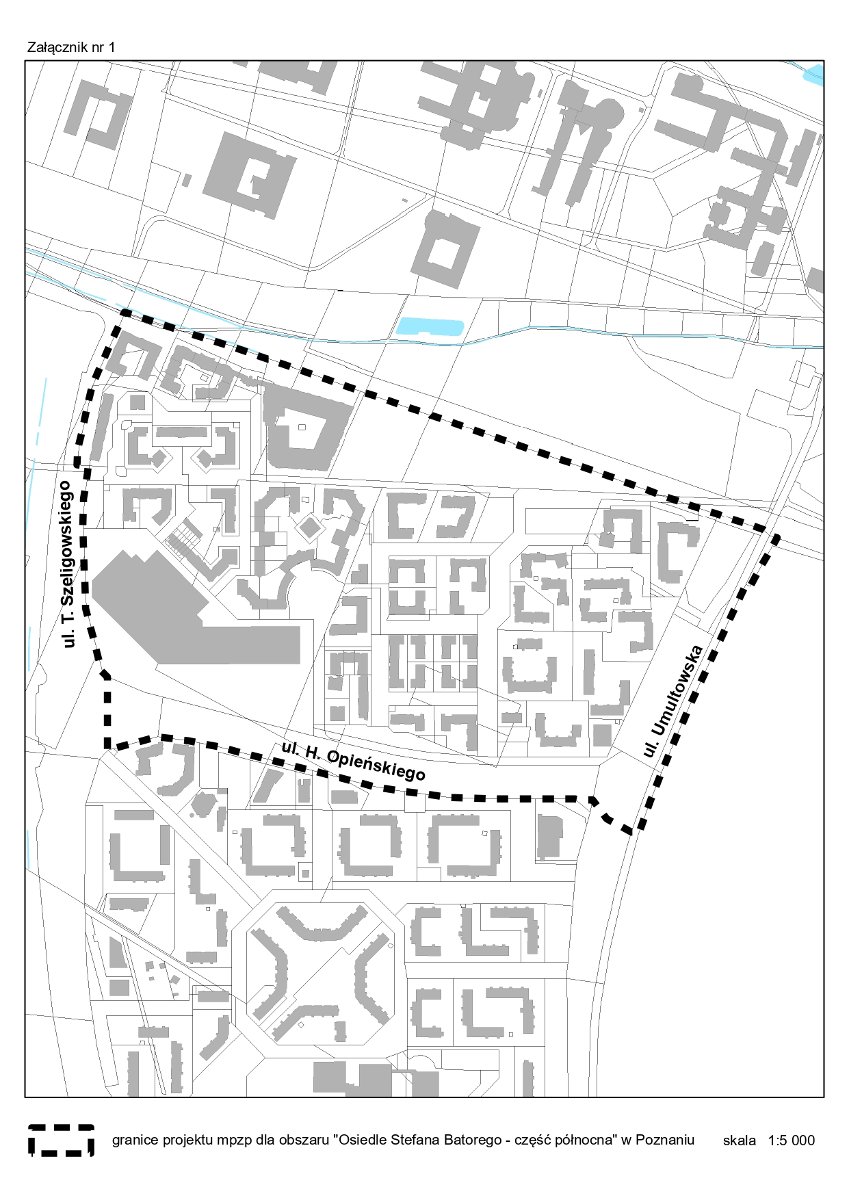 Fragment planu Poznania - obrys budynków i ulic znajdujących się w pobliżu osiedla Stefana Batorego z zaznaczonymi granicami projektu mpzp w rejonie "Osiedle Stefana Batorego - część północna" w Poznaniu. - grafika artykułu