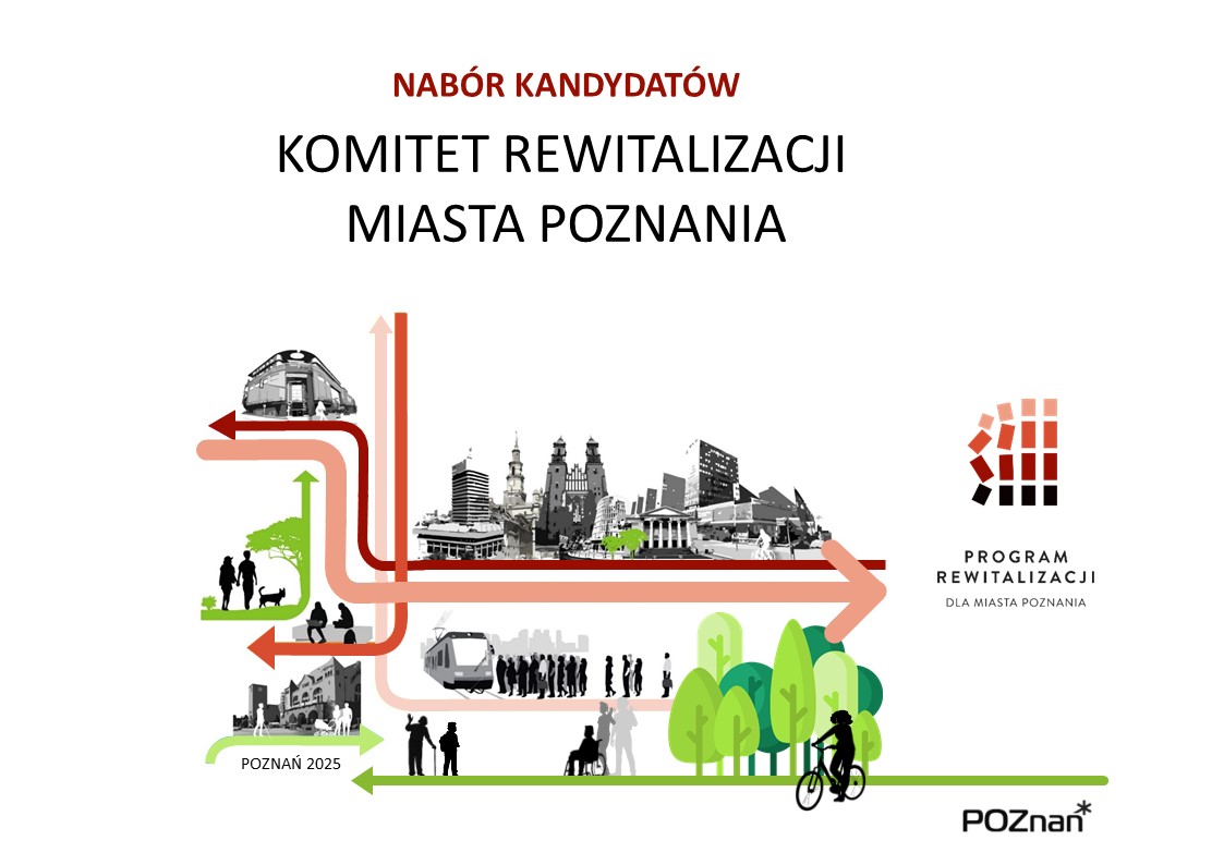 Grafika na której widać kilka oddzielonych od siebie wektorami obrazków. Jeden z nich przedstawia znane budynki w Poznaniu:Ratusz, Katedrę Poznańsk, Operę, budynek Uniwersystetu Ekonomicznego. Kolejny parę spacerującą z psem, inny: ludzi siedzących na ławce. Na kolejnych tłum ludzi wsiadających do tramwaju, ludzi przed Starym Browarem. Kolejny obrazek przedstawia seniora idącego z laską i dzieckiem, osobę na wózku inwalidzkim i kobietę jadącą na rowerze wśród drzew. - grafika artykułu