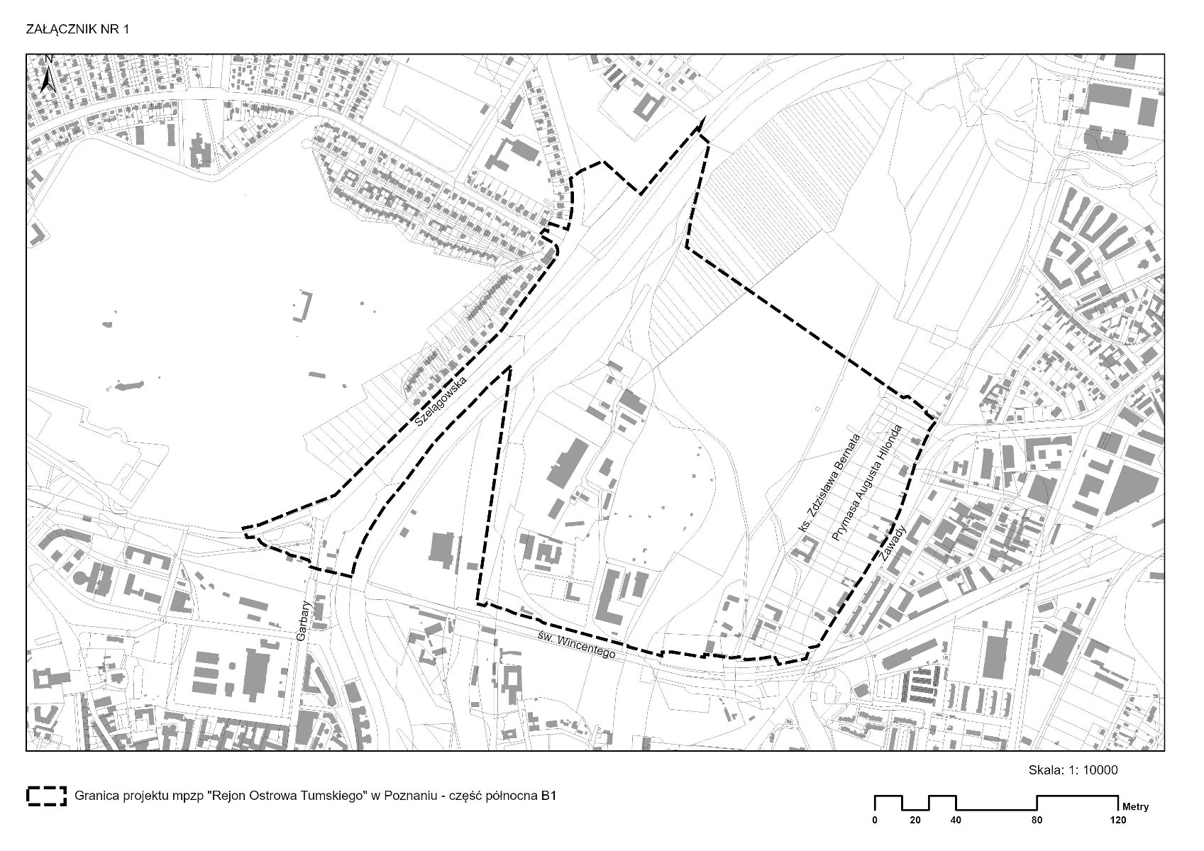 Fragment planu Poznania - obrys budynków i ulic znajdujących się w pobliżu obszaru "Rejon Ostrowa Tumskiego w Poznaniu - część północna B1" w Poznaniu - grafika artykułu