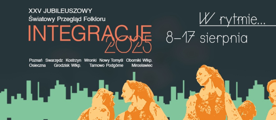 Plakat informujący o XXV Jubileuszowym Światowym Przeglądzie Folkloru Integracje 2025. U dołu plakatu grafika tańczących postaci na tle miejkich zabudowań. Nad nimi napisy, które informują u wydarzeniach. - grafika artykułu