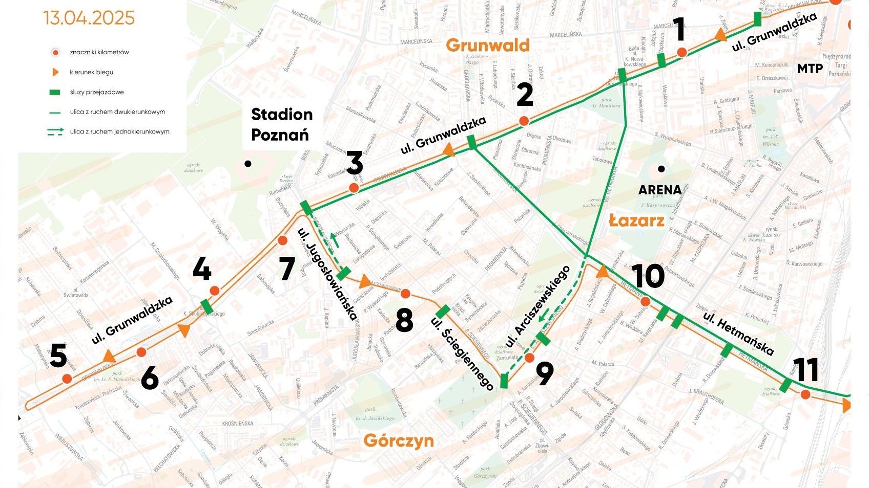 Mapa utrudnień w ruchu podczas 17.PKO Poznań Półmaratonu = mapa miasta z pokazanymi utrudnieniami