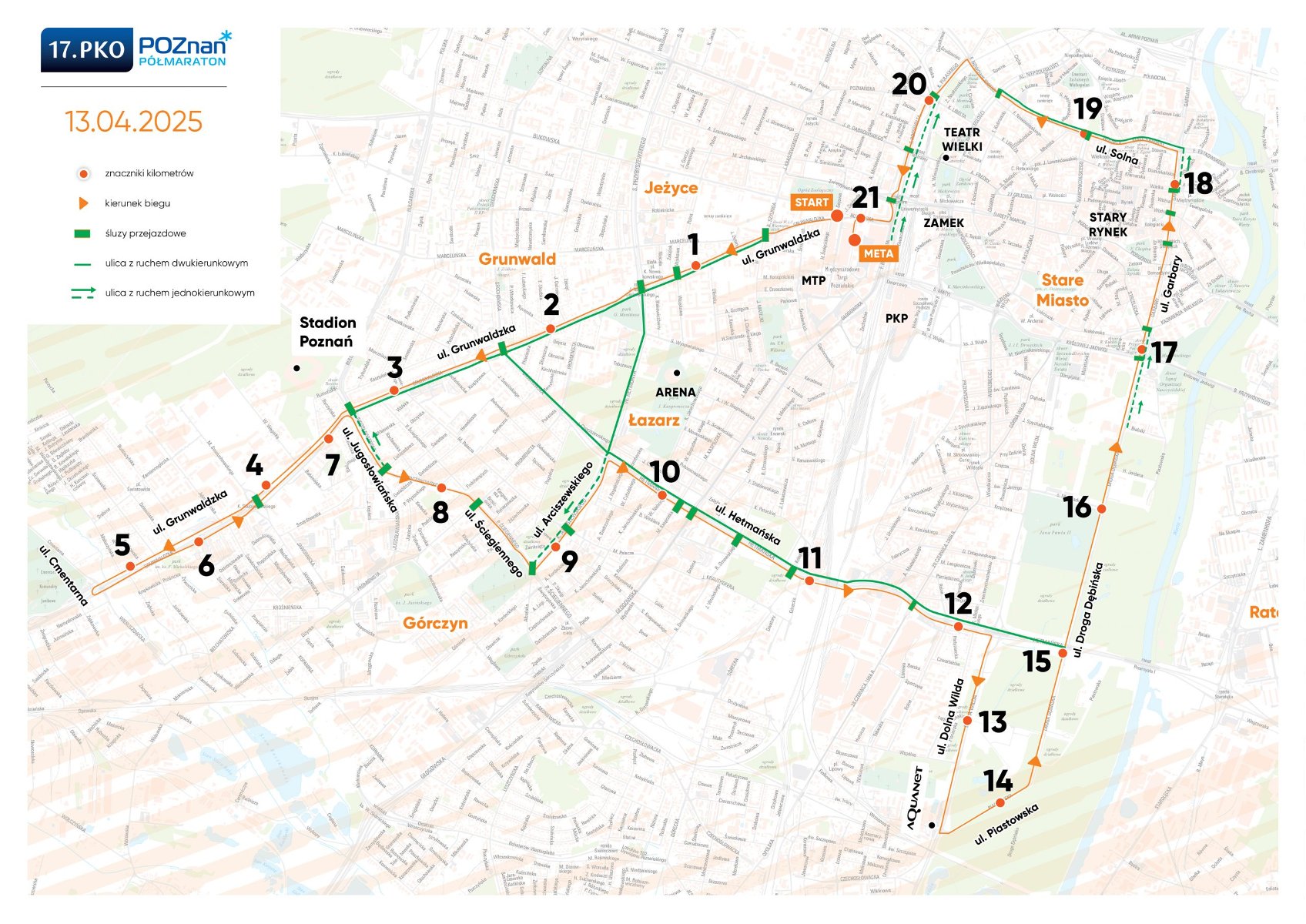 Mapa utrudnień w ruchu podczas 17.PKO Poznań Półmaratonu = mapa miasta z pokazanymi utrudnieniami - grafika artykułu